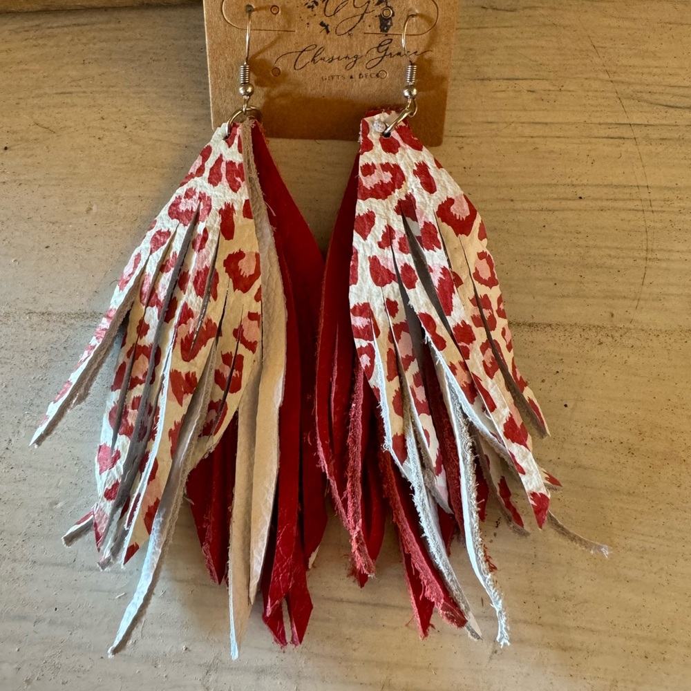 Red Animal Print Leather Fringe Earrings